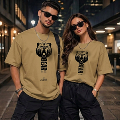 Unisex Bear Graphic Oversized Beige T-Shirt