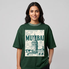 Women's Vintage Mumbai Graphic Oversized Dark Green T-Shirt