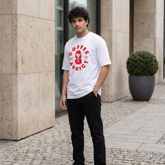 Men's Red Coffee Addict Graphic Oversized White T-Shirt