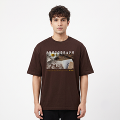 Men's Vintage Photograph Graphic Oversized Brown T-Shirt