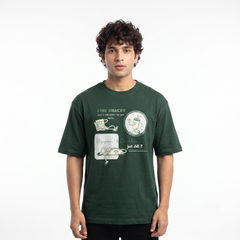 Men's Stay Snacky Graphic Oversized Dark Green T-Shirt