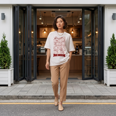 Women's Red Doodle Graphic Oversized White T-Shirt