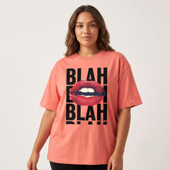 Women's "Blah Blah" Graphic Oversized Coral T-Shirt
