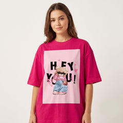Women's "Hey You" Teddy Graphic Oversized Pink T-Shirt