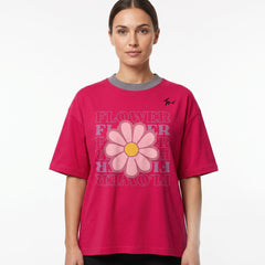 Women's Retro Flower Graphic Oversized Pink T-Shirt