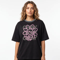 Women's Black Okay Flower Graphic Oversized T-Shirt
