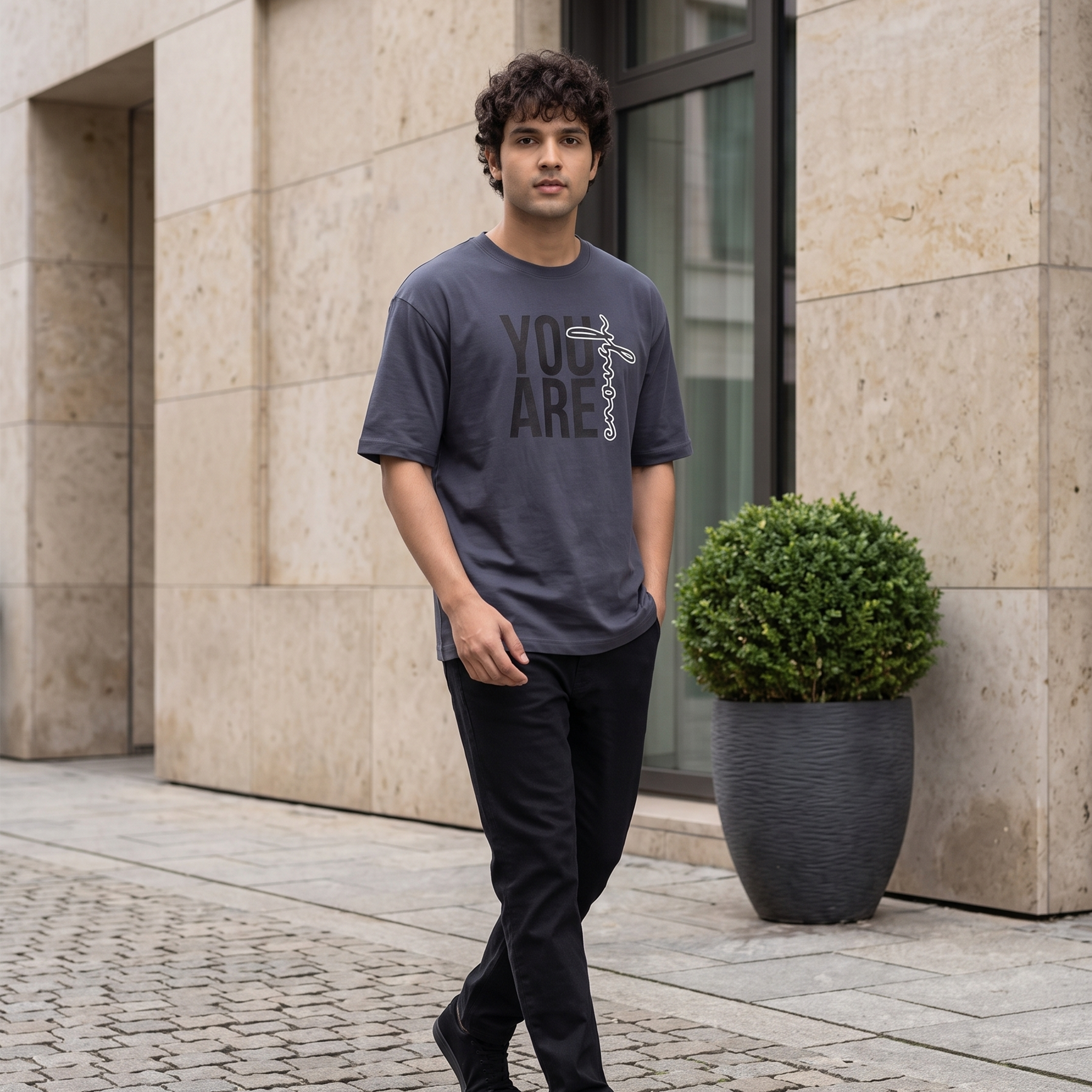 Men's You Are Enough Typography Oversized Grey T-Shirt