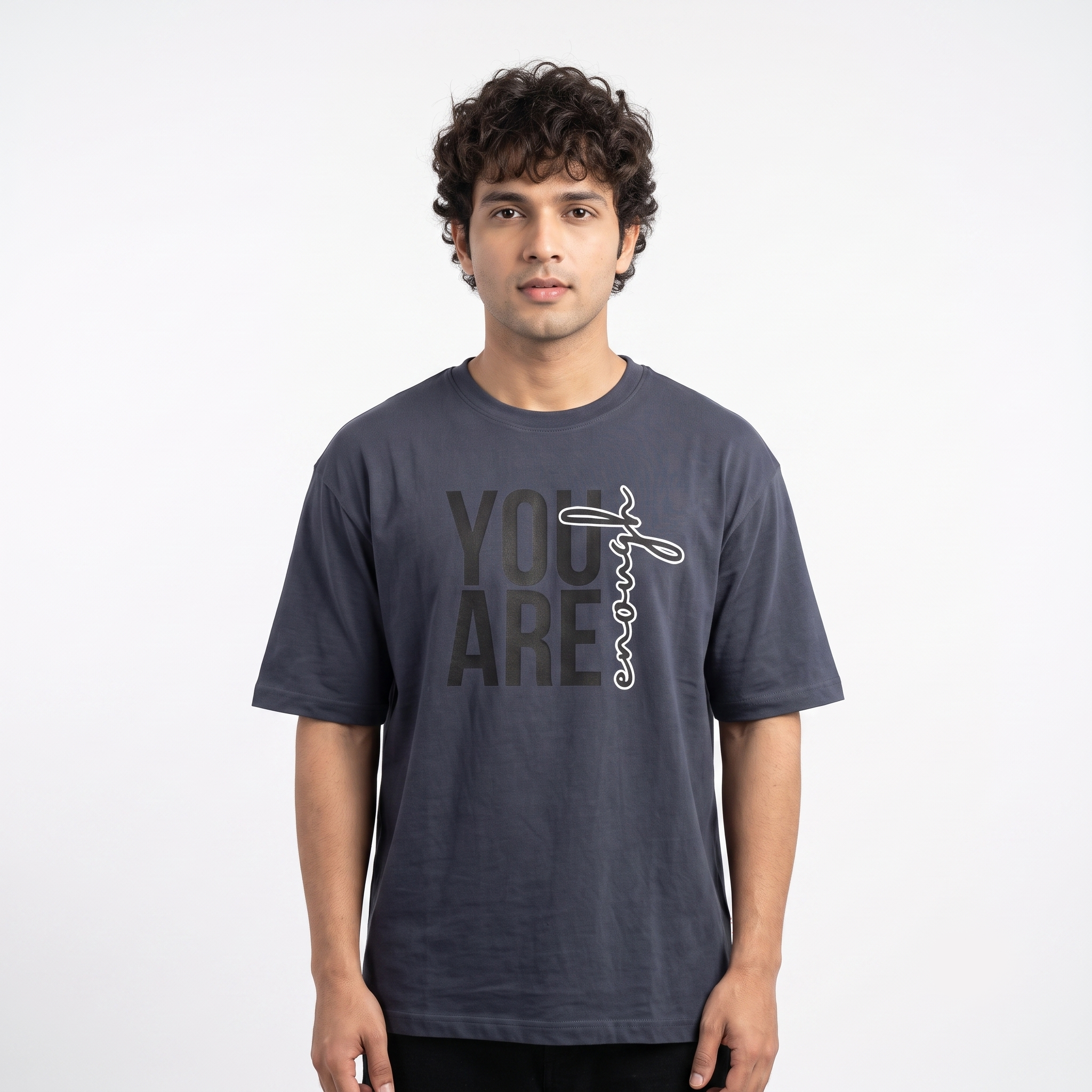 Men's You Are Enough Typography Oversized Grey T-Shirt