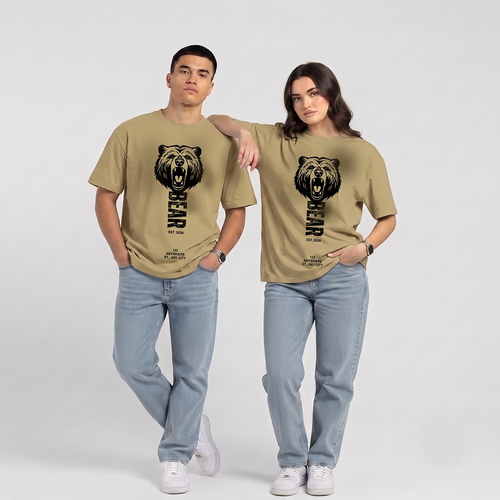 Unisex Bear Graphic Oversized Beige T-Shirt