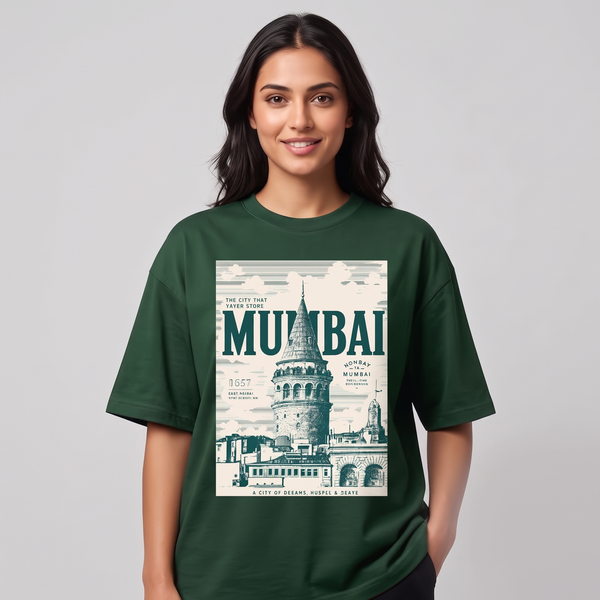 Women's Vintage Mumbai Graphic Oversized Dark Green T-Shirt