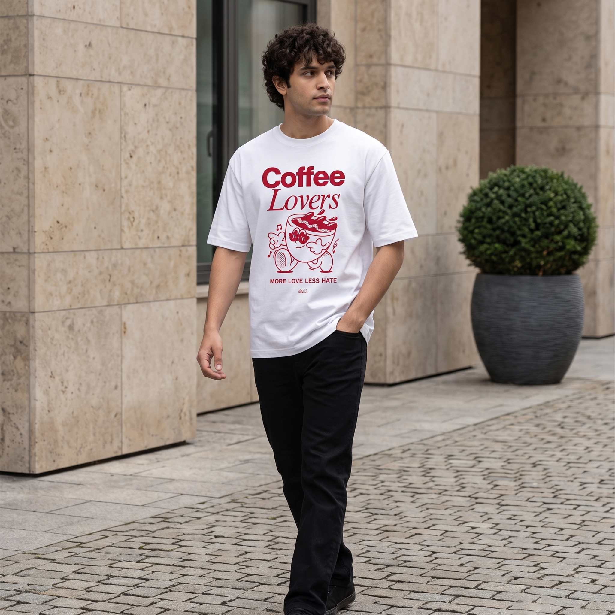 Men's Coffee Lovers Graphic Oversized White T-Shirt