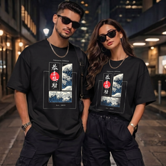 Unisex Japanese Wave Graphic Black T-Shirt