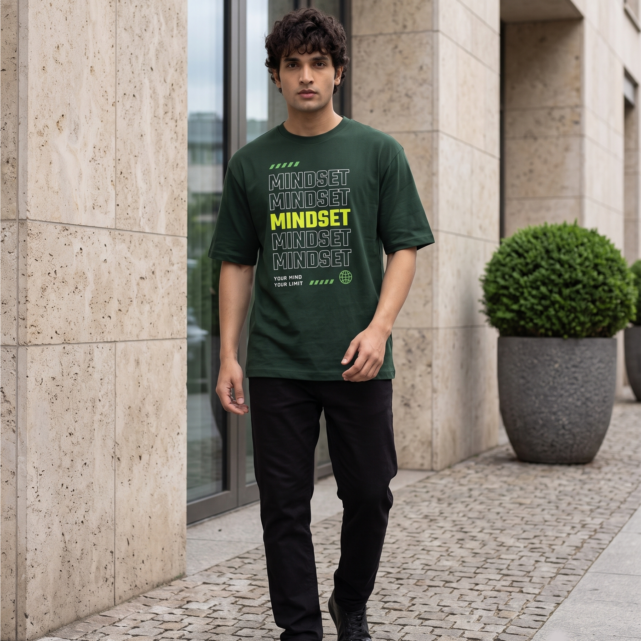 Men's Mindset Typography Oversized Dark Green T-Shirt