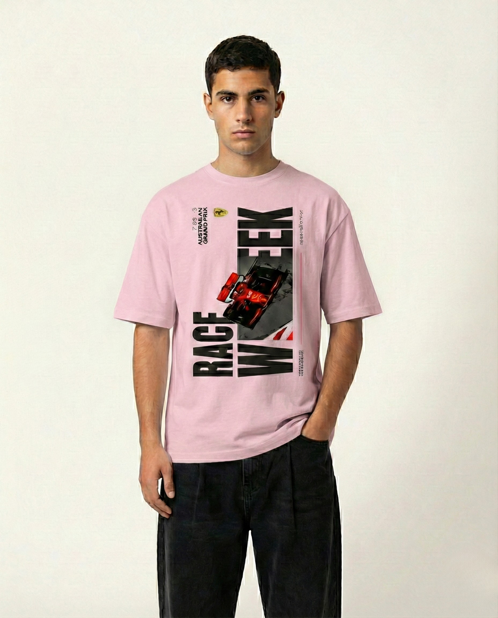 Beige Race Week F1 Graphic Oversized T-Shirt