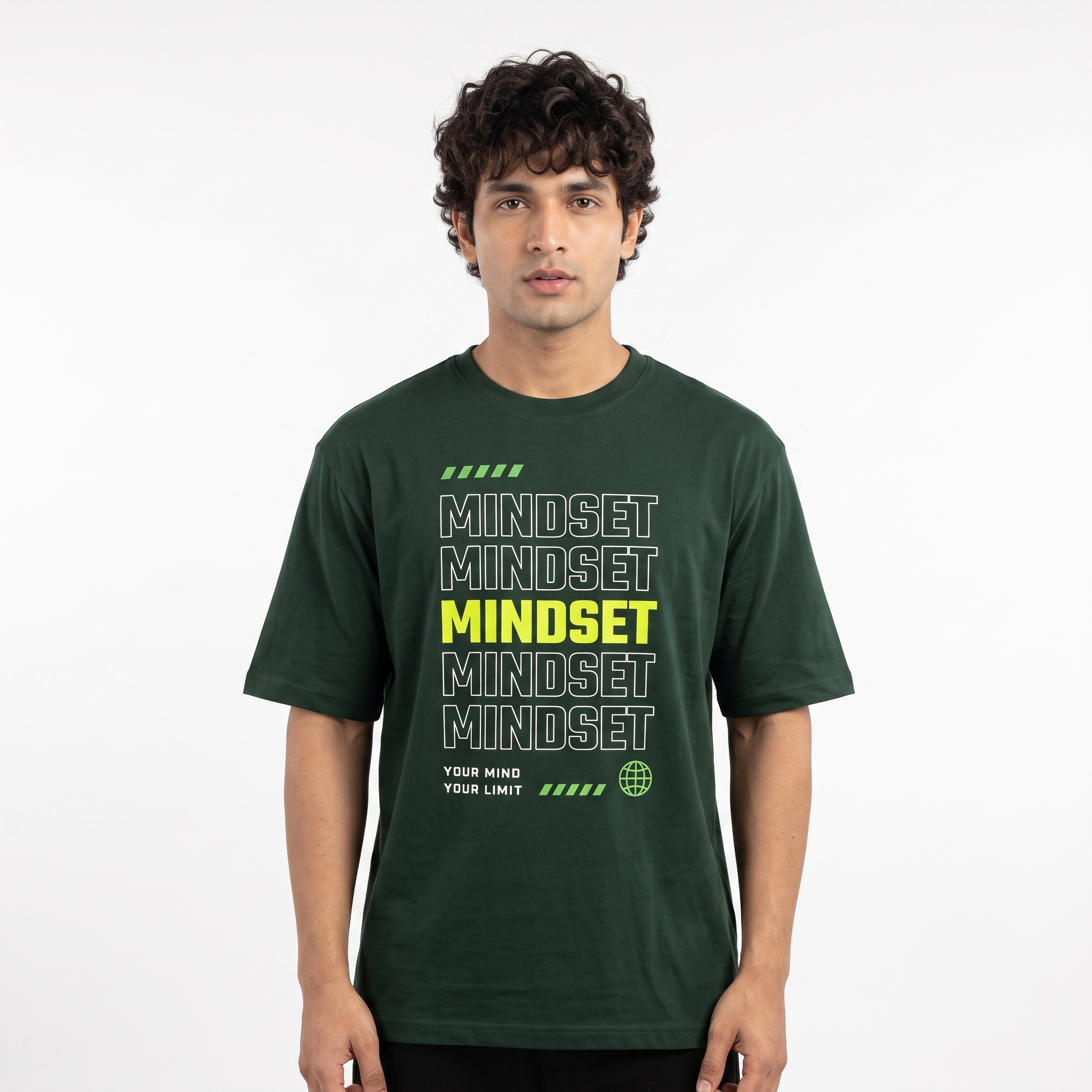 Men's Mindset Typography Oversized Dark Green T-Shirt