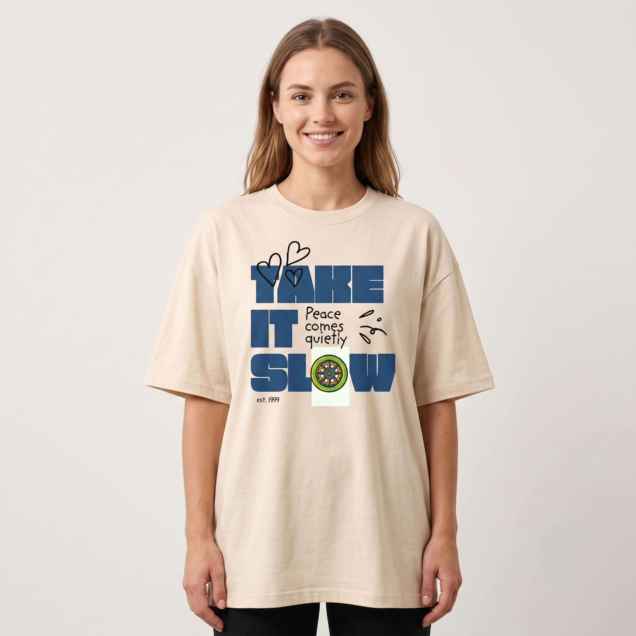 women's Beige Take It Slow Oversized Streetwear T-Shirt