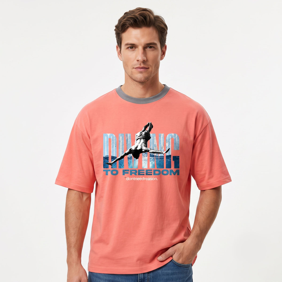 men's Diving To Freedom Graphic Oversized Coral T-Shirt