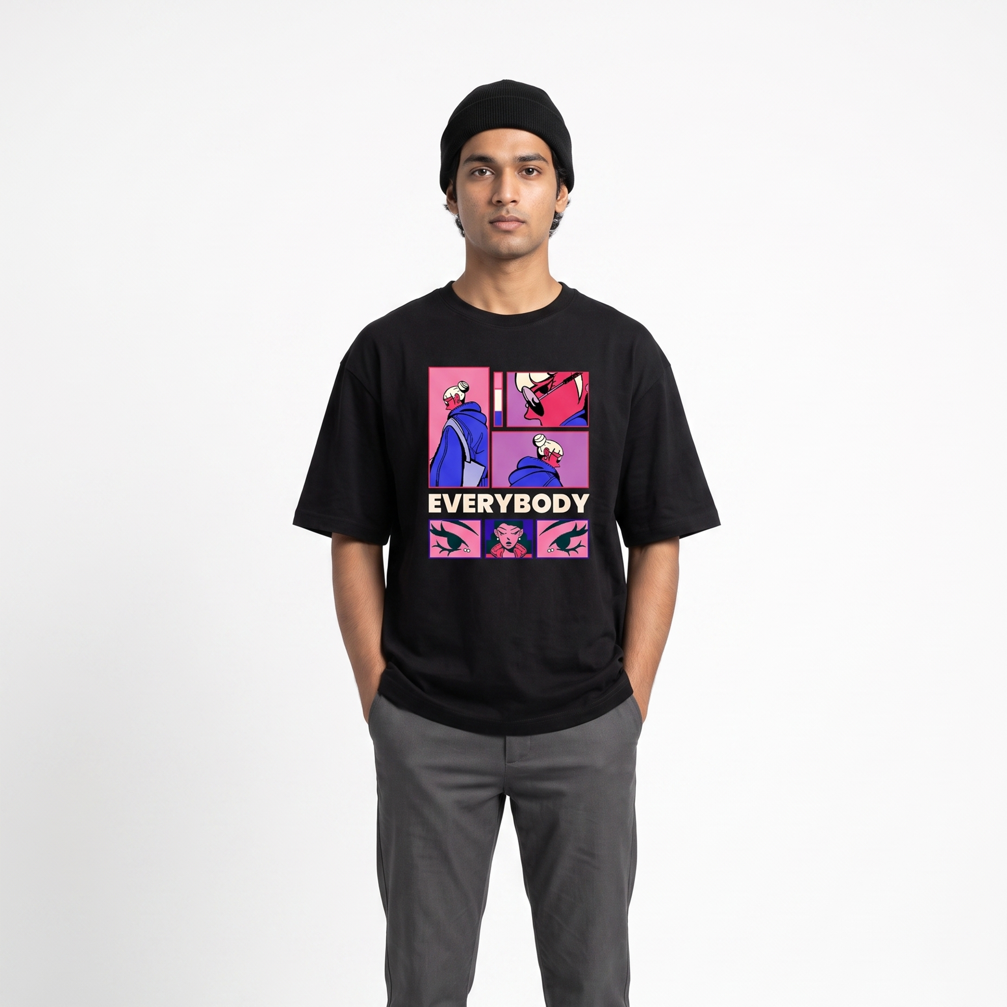 Men's Black Everybody Comic Graphic Oversized T-Shirt