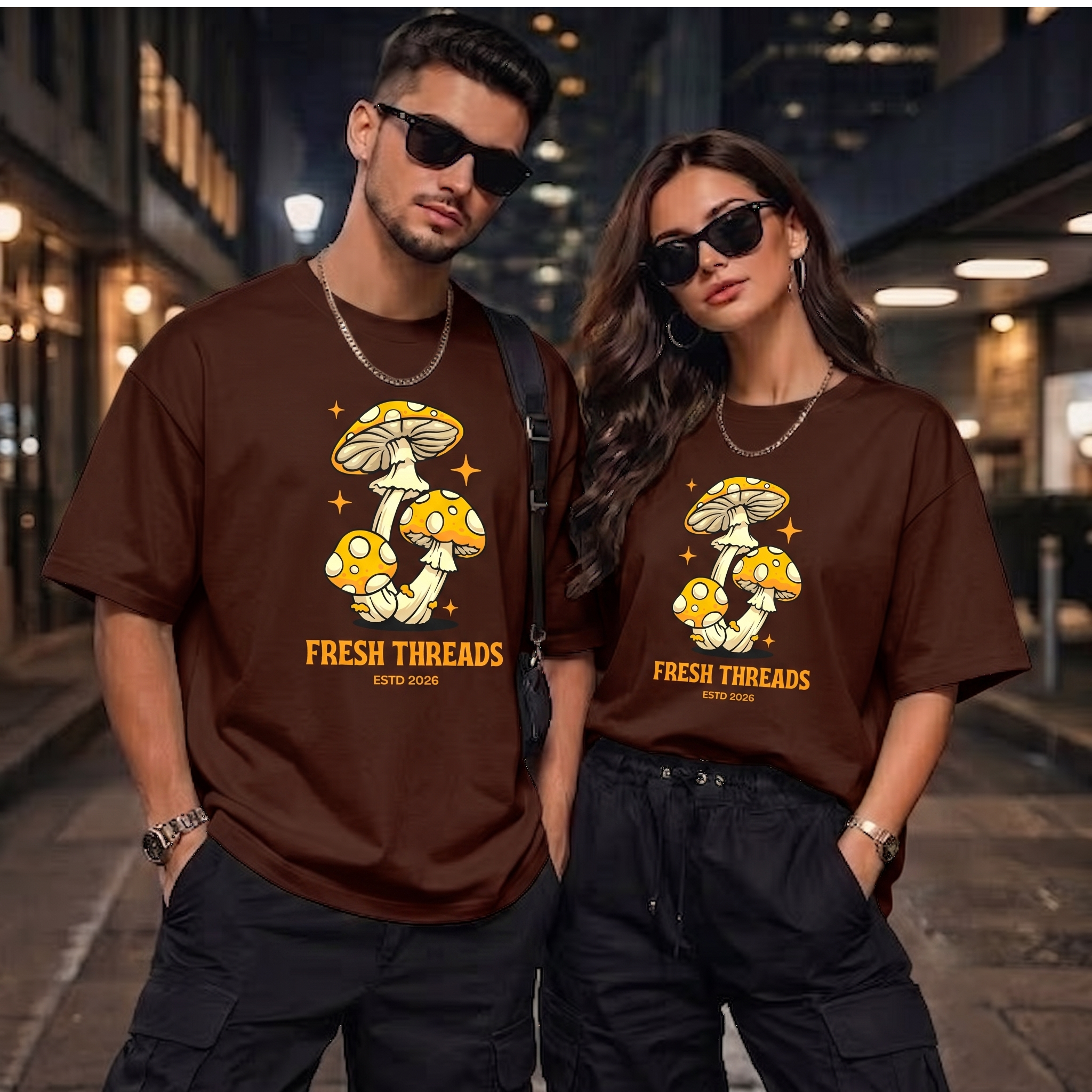 Unisex Fresh Threads Mushroom Graphic Brown T-Shirt