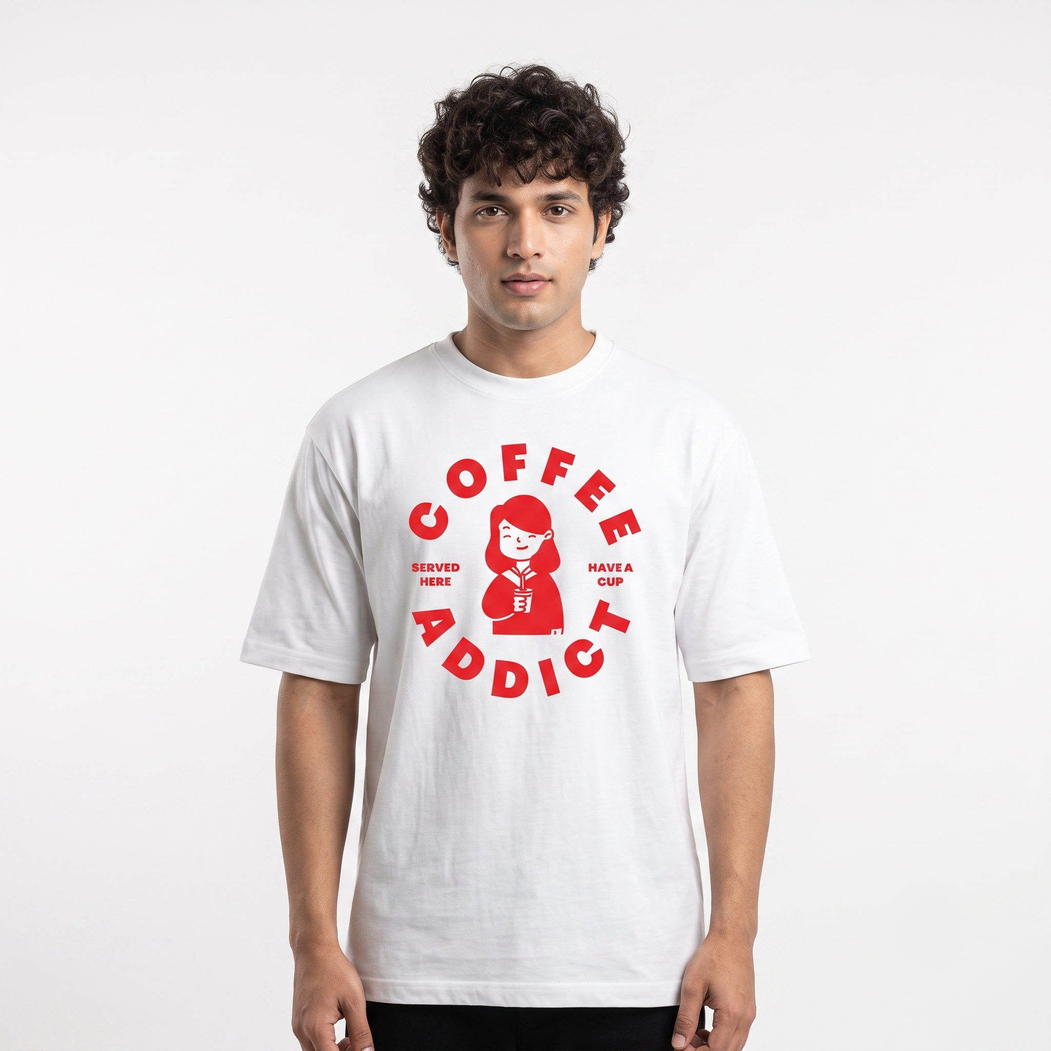 Men's Red Coffee Addict Graphic Oversized White T-Shirt