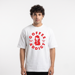 Men's Red Coffee Addict Graphic Oversized White T-Shirt
