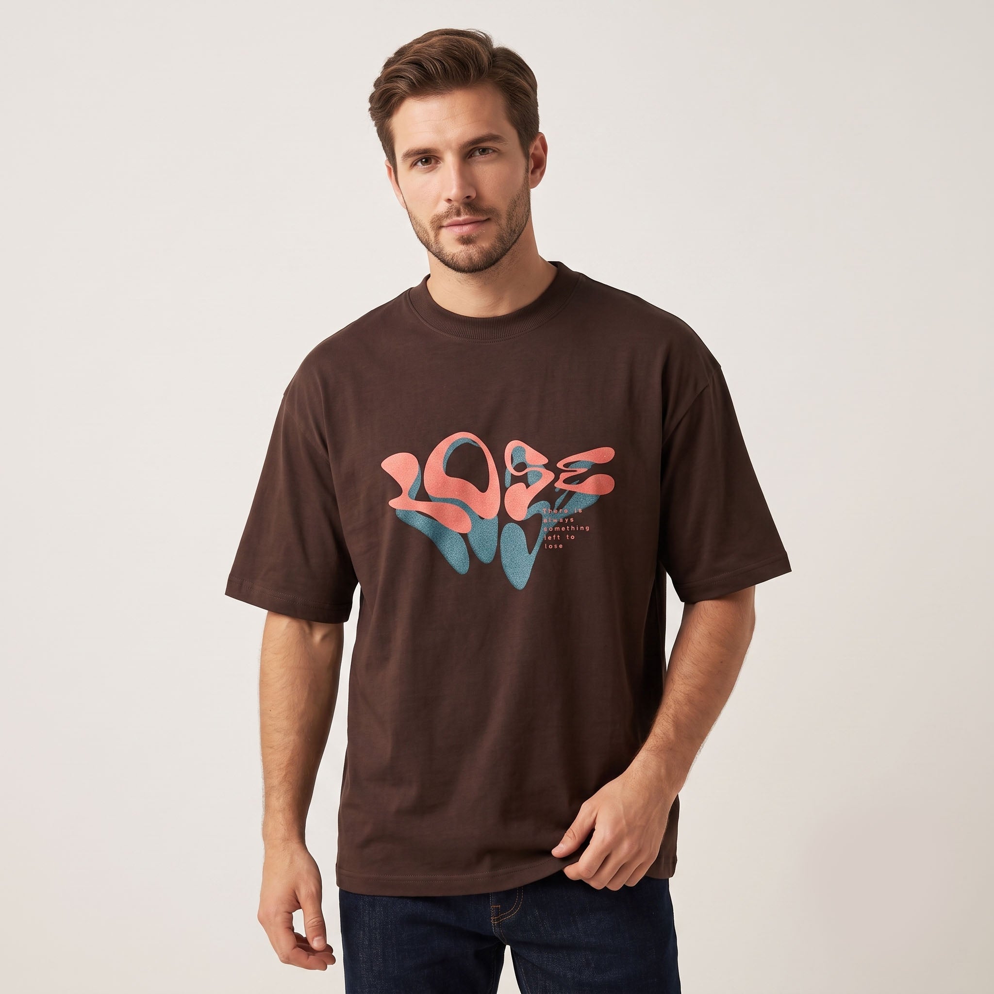 men's Liquid Lose Graphic Oversized Brown T-Shirt