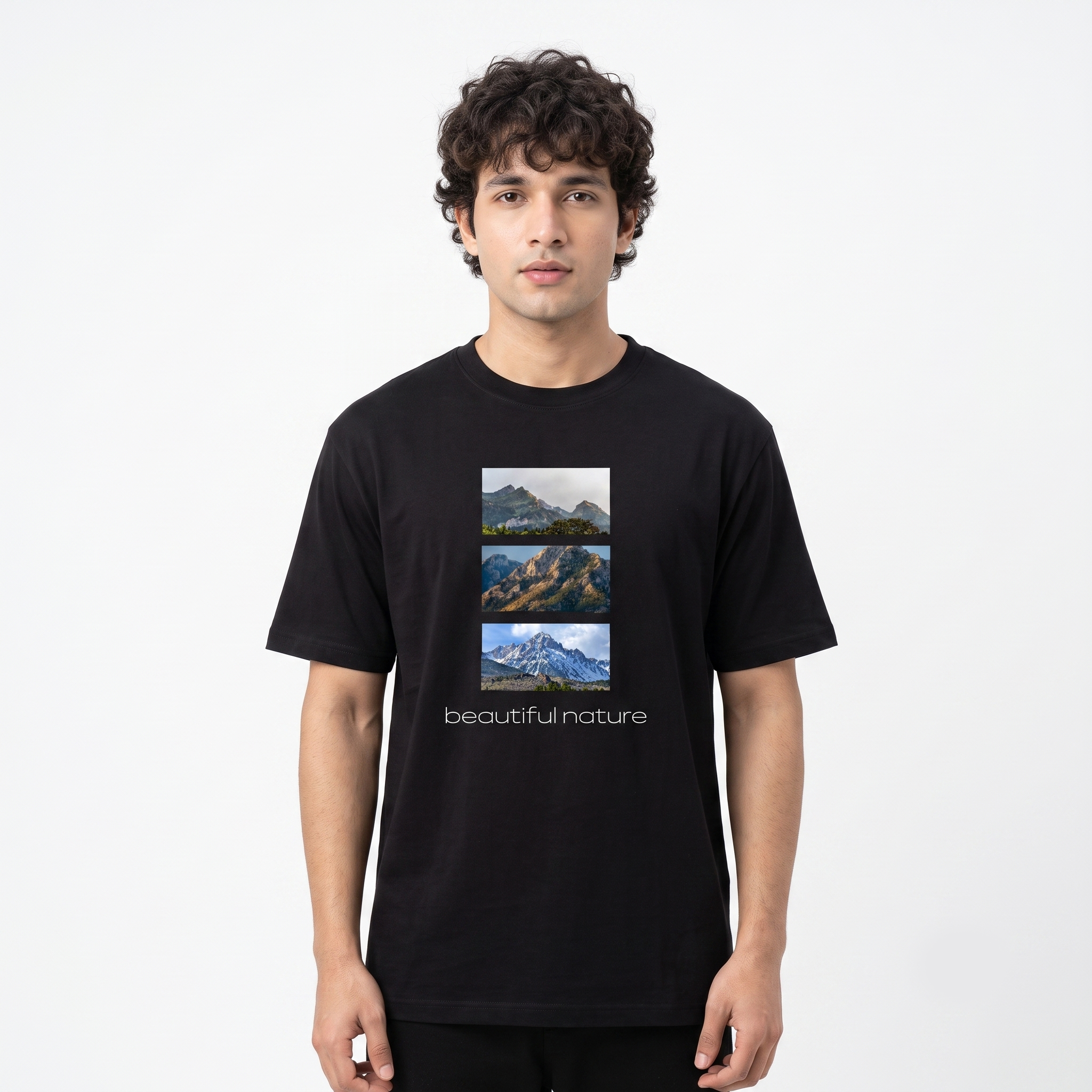 Men's Nature Mountain Graphic Oversized Black T-Shirt