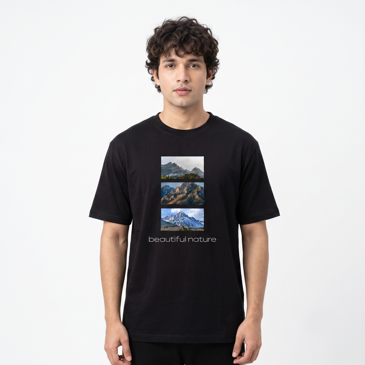 Men's Nature Mountain Graphic Oversized Black T-Shirt