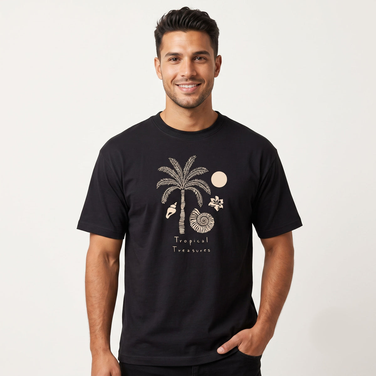 Women's Tropical Treasures Graphic Oversized Black T-Shirt