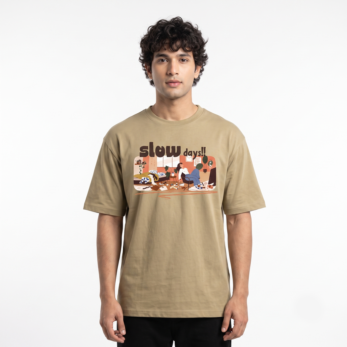 Men's Slow Days Graphic Oversized Beige T-Shirt