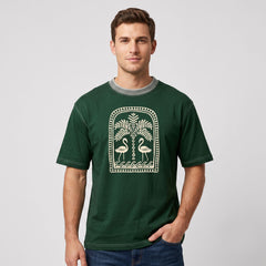 Men's Tropical Flamingo Graphic Oversized Green T-Shirt