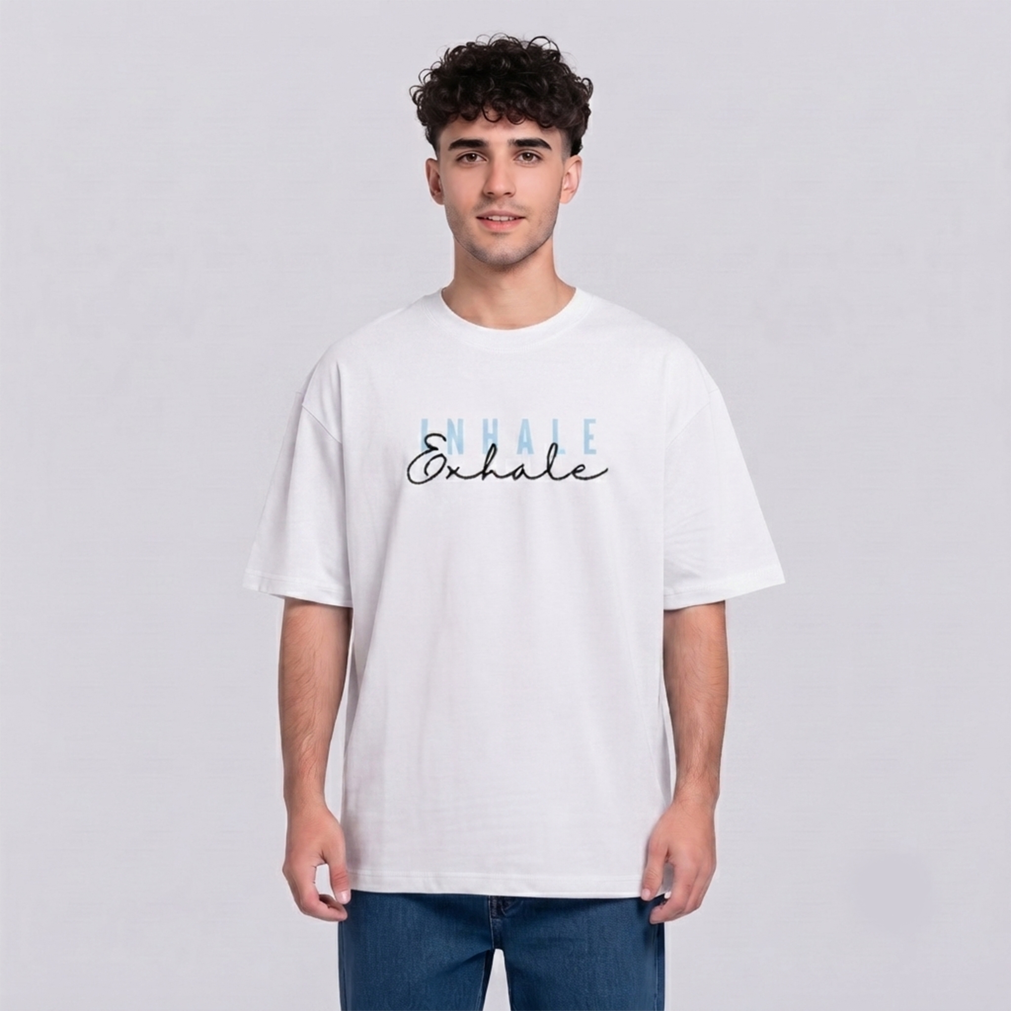 Men's Inhale Exhale Graphic Oversized White T-Shirt
