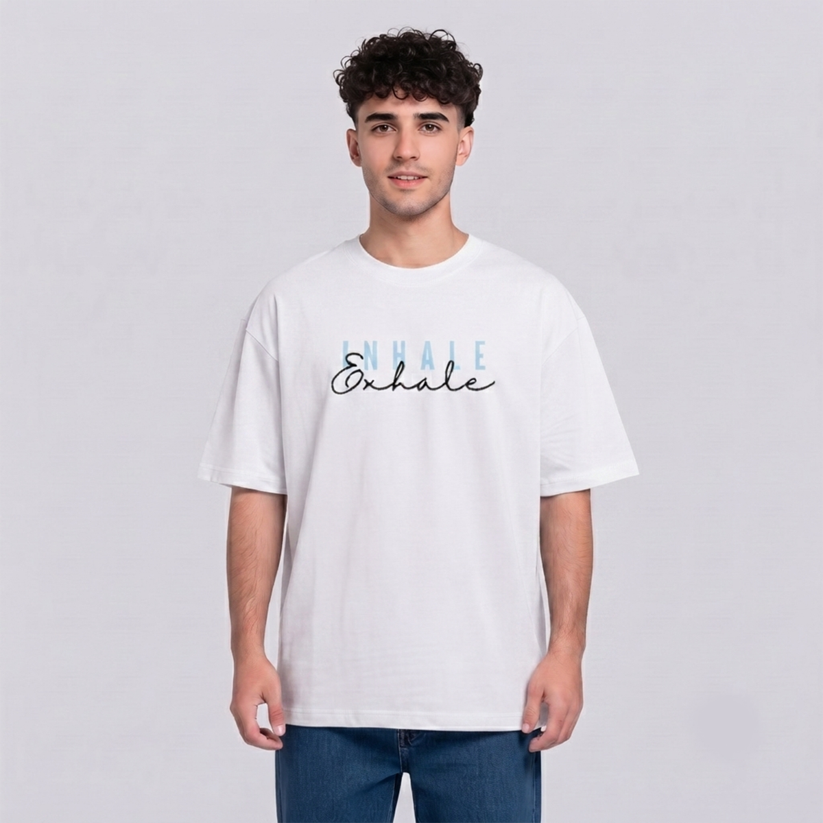 Men's Inhale Exhale Graphic Oversized White T-Shirt