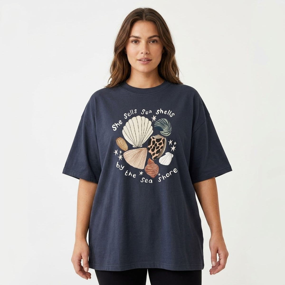 Women's Seashell Graphic Oversized Navy Blue T-Shirt