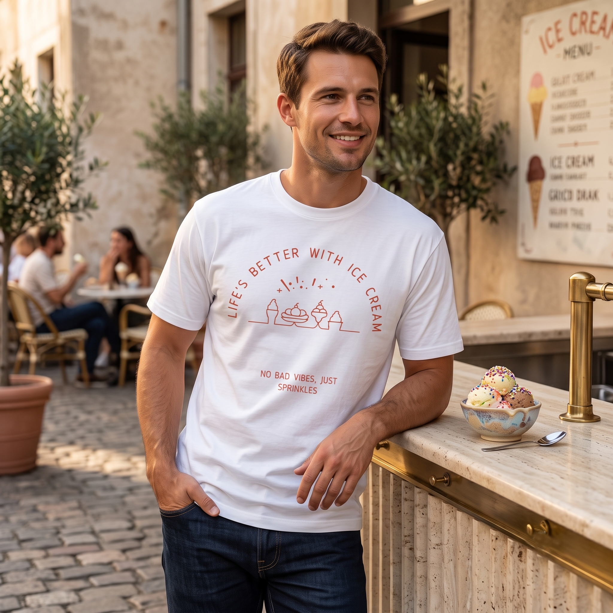 Men's White Ice Cream Graphic Streetwear T-Shirt