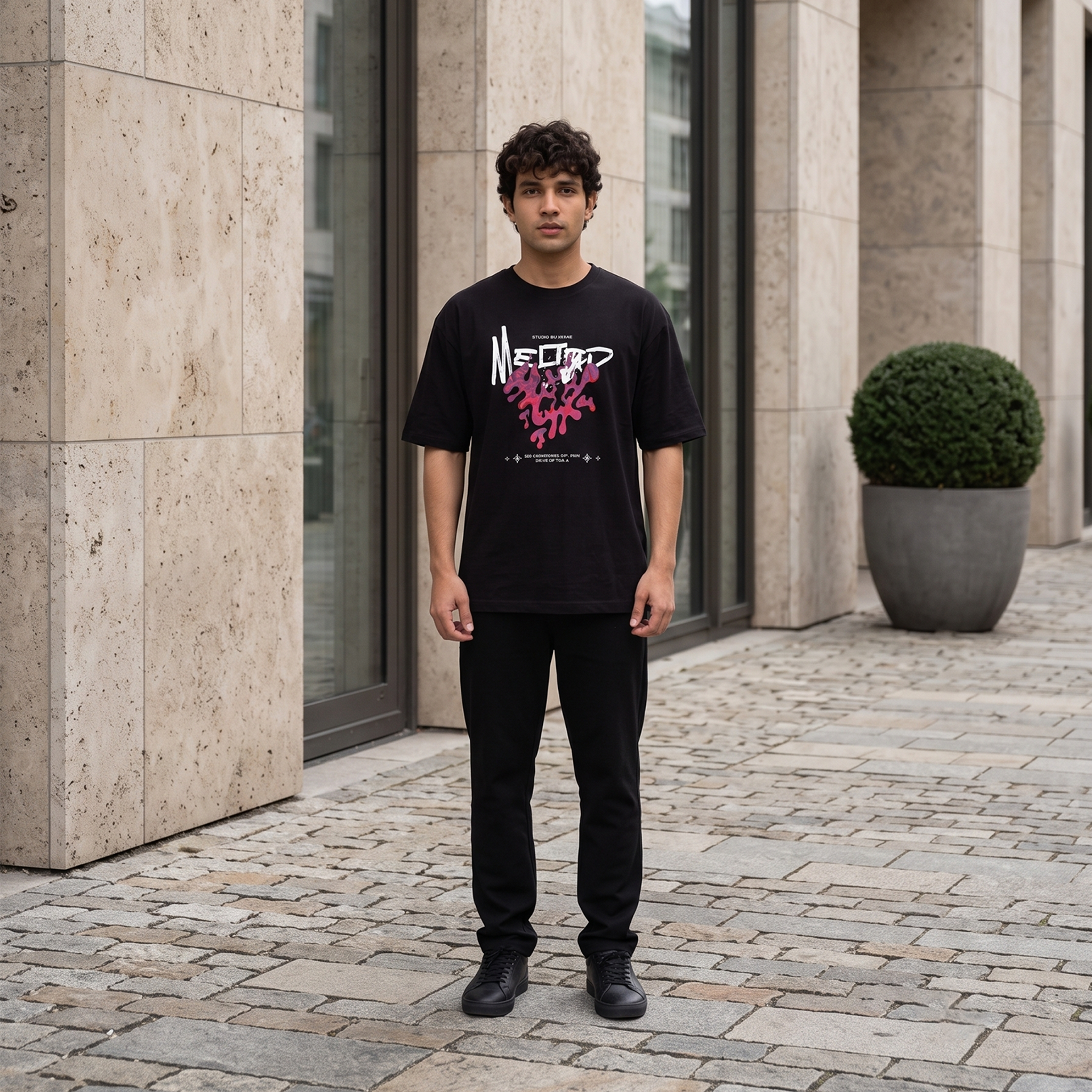 Men's Melted Grunge Graphic Oversized Black T-Shirt