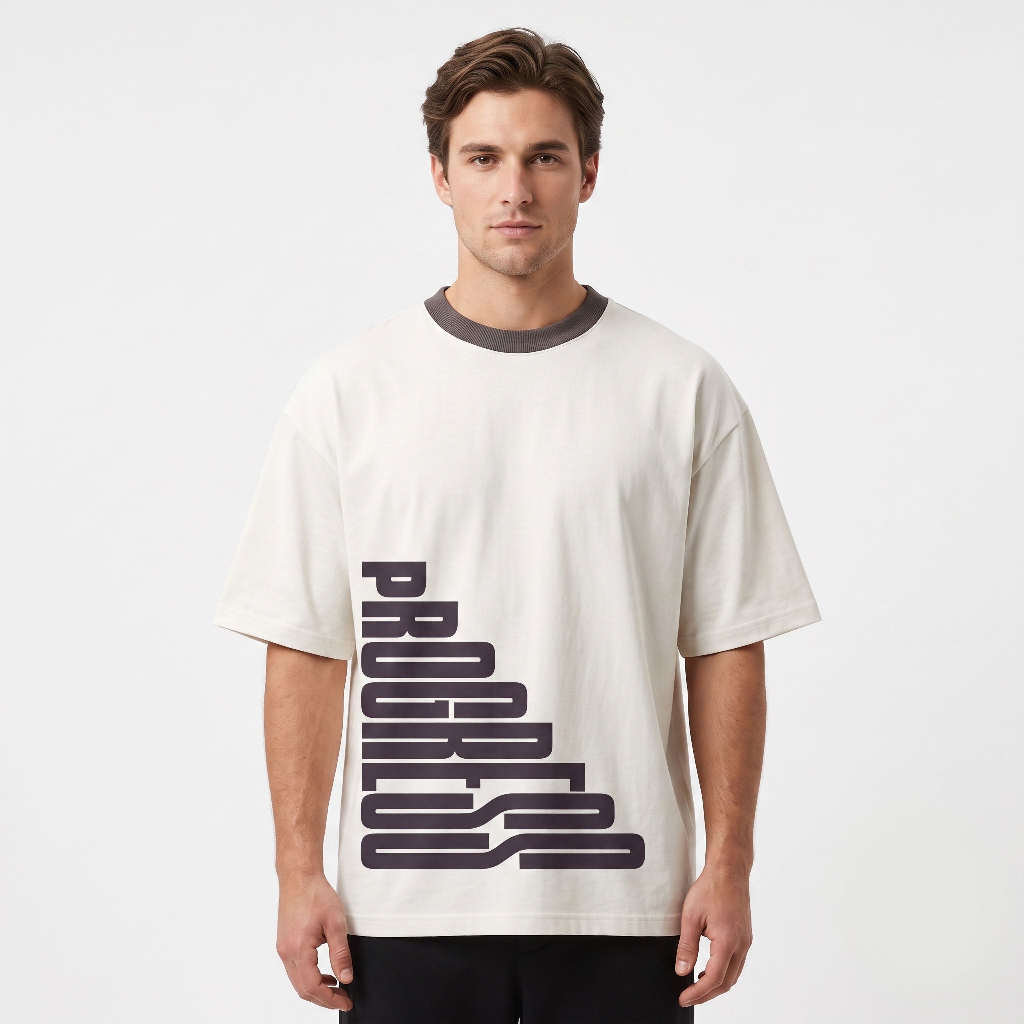 Men's "Progress" Typography Oversized White T-Shirt