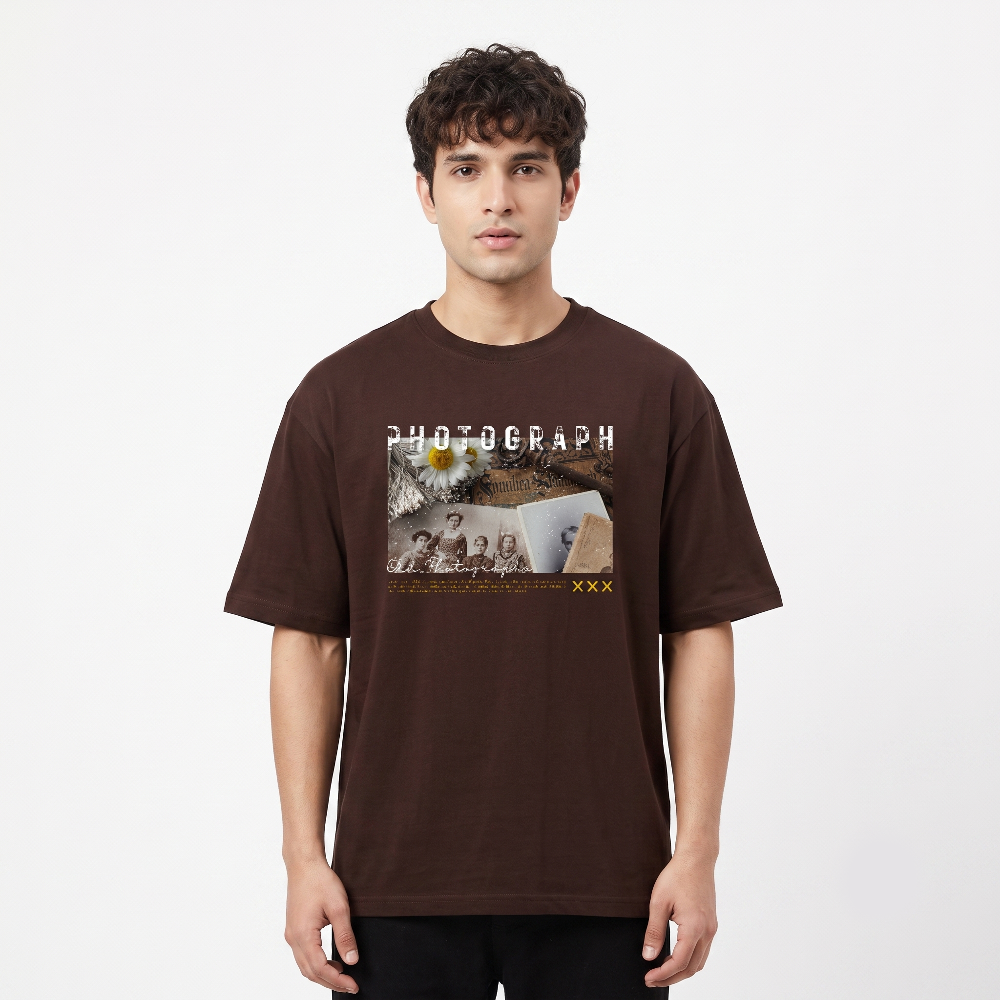 Men's Vintage Photograph Graphic Oversized Brown T-Shirt