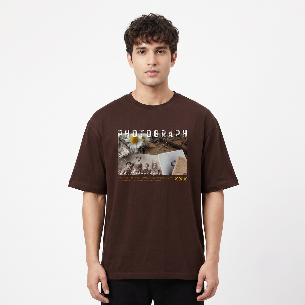 Men's Vintage Photograph Graphic Oversized Brown T-Shirt