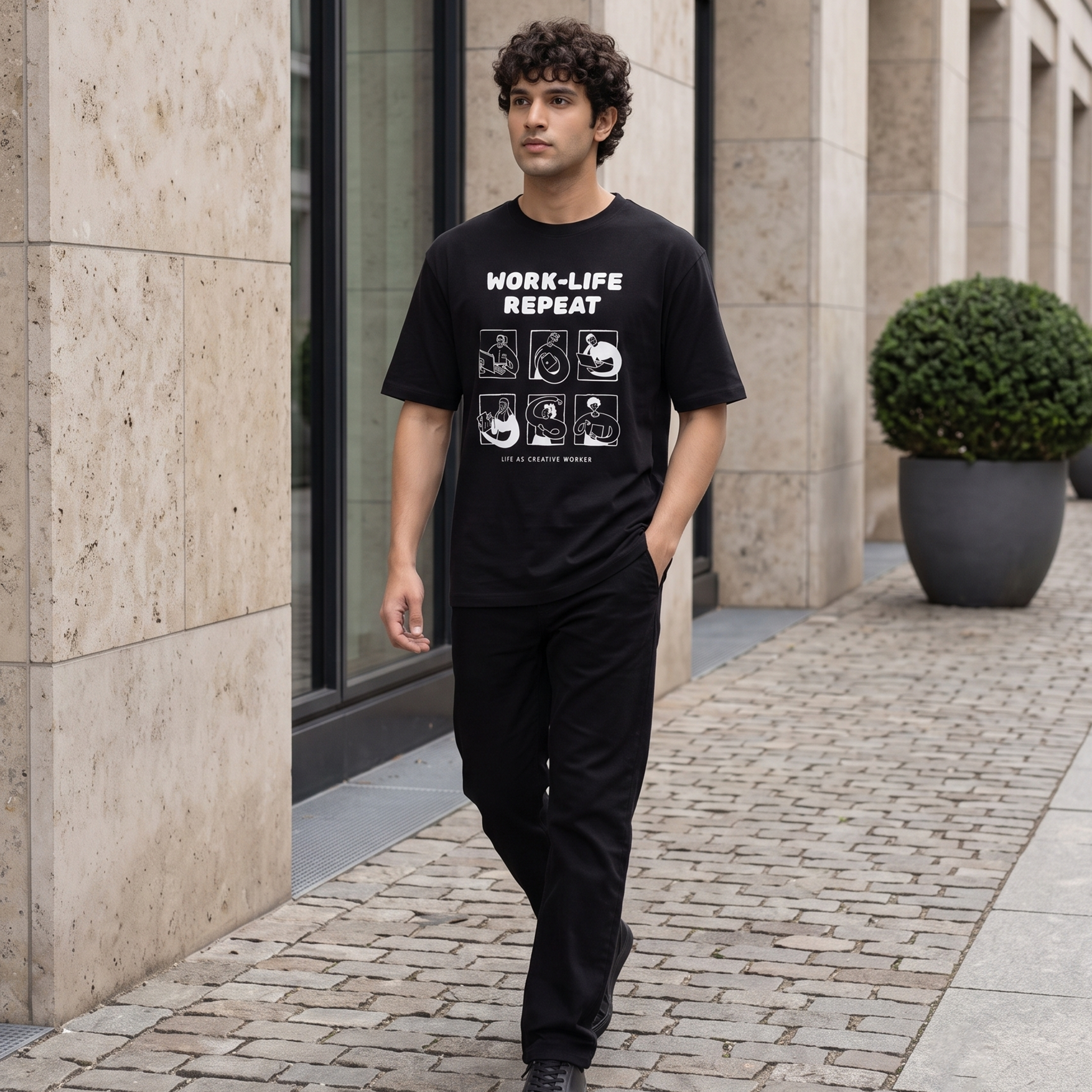 Men's Work-Life Repeat Graphic Oversized Black T-Shirt
