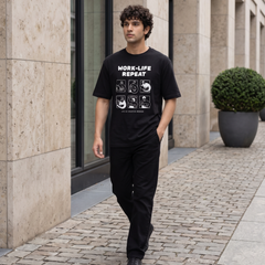 Men's Work-Life Repeat Graphic Oversized Black T-Shirt