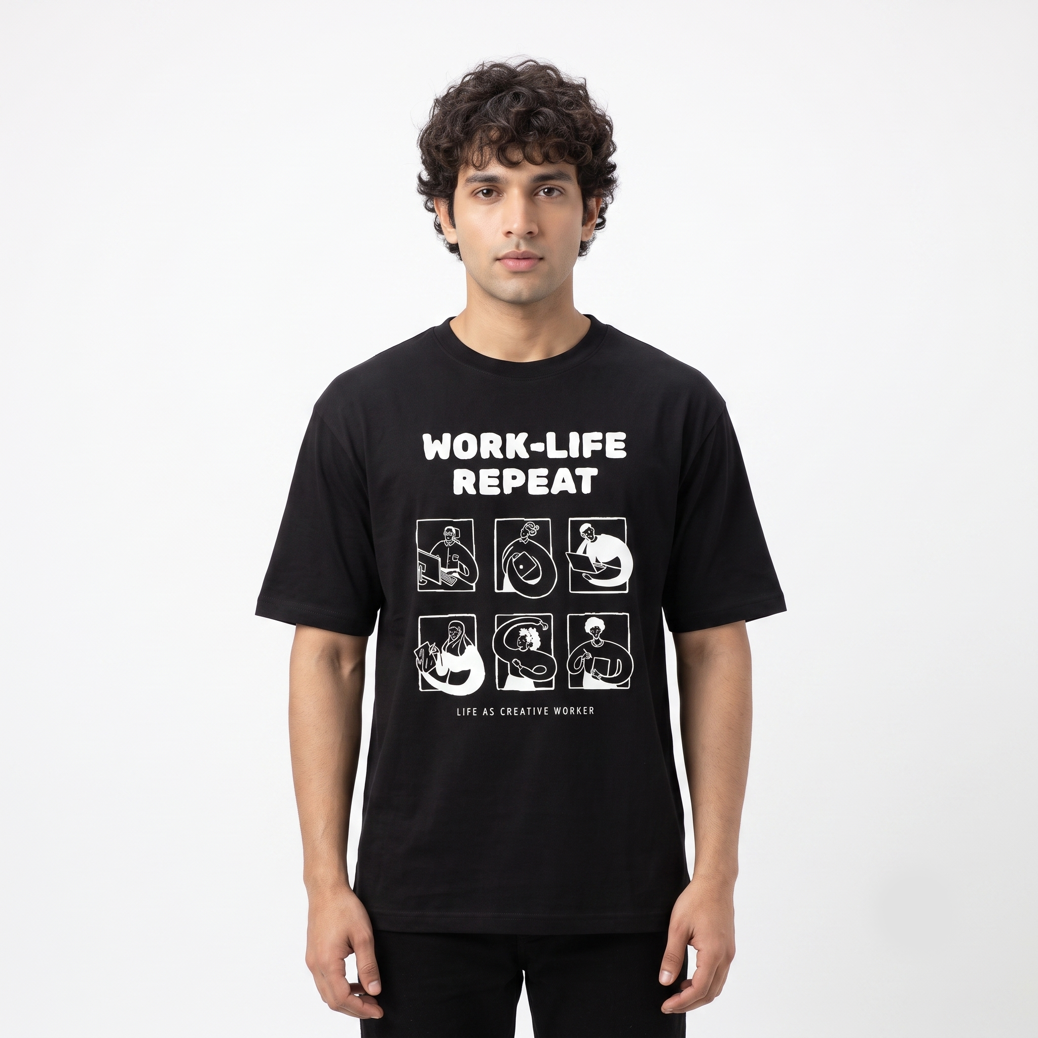 Men's Work-Life Repeat Graphic Oversized Black T-Shirt