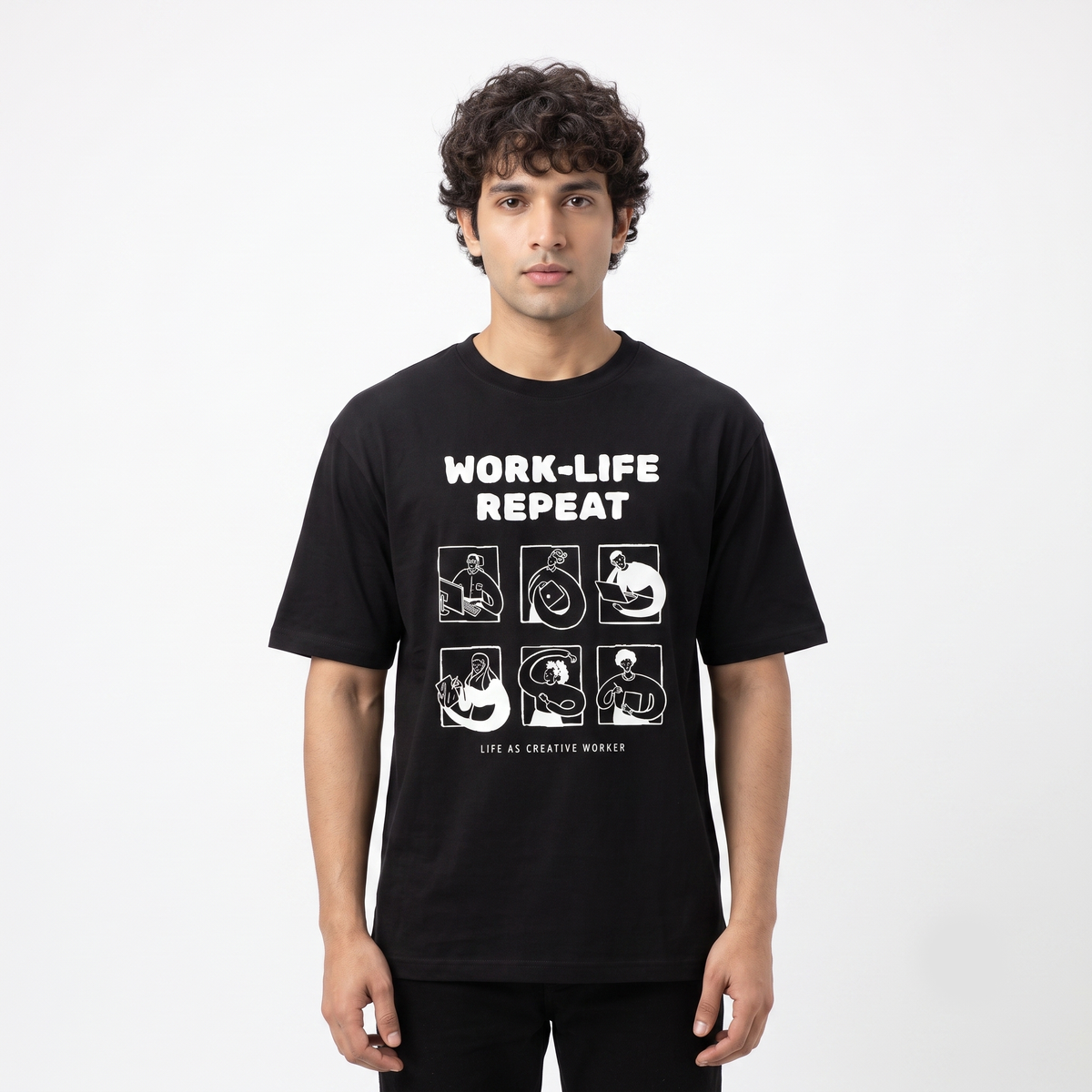 Men's Work-Life Repeat Graphic Oversized Black T-Shirt