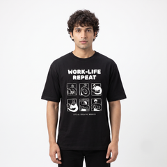 Men's Work-Life Repeat Graphic Oversized Black T-Shirt