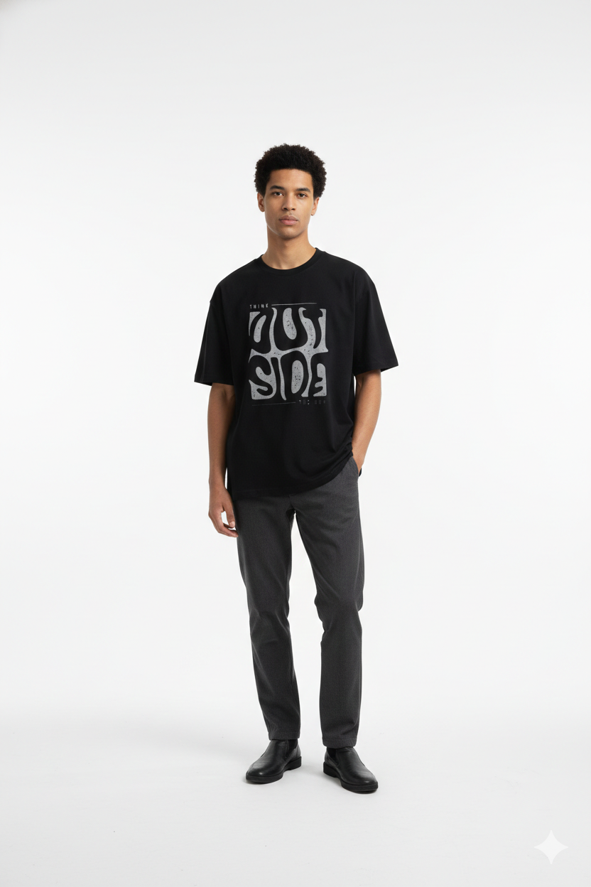 Men's Black Oversized Think Outside Graphic T-Shirt