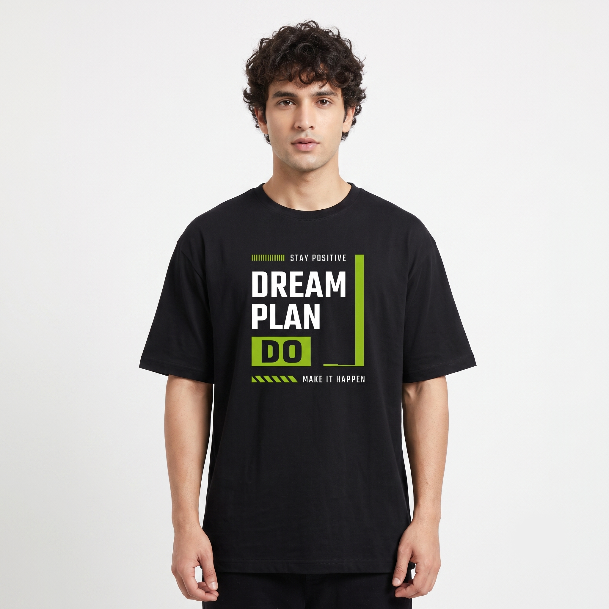 Men's Dream Plan Do Graphic Oversized Black T-Shirt