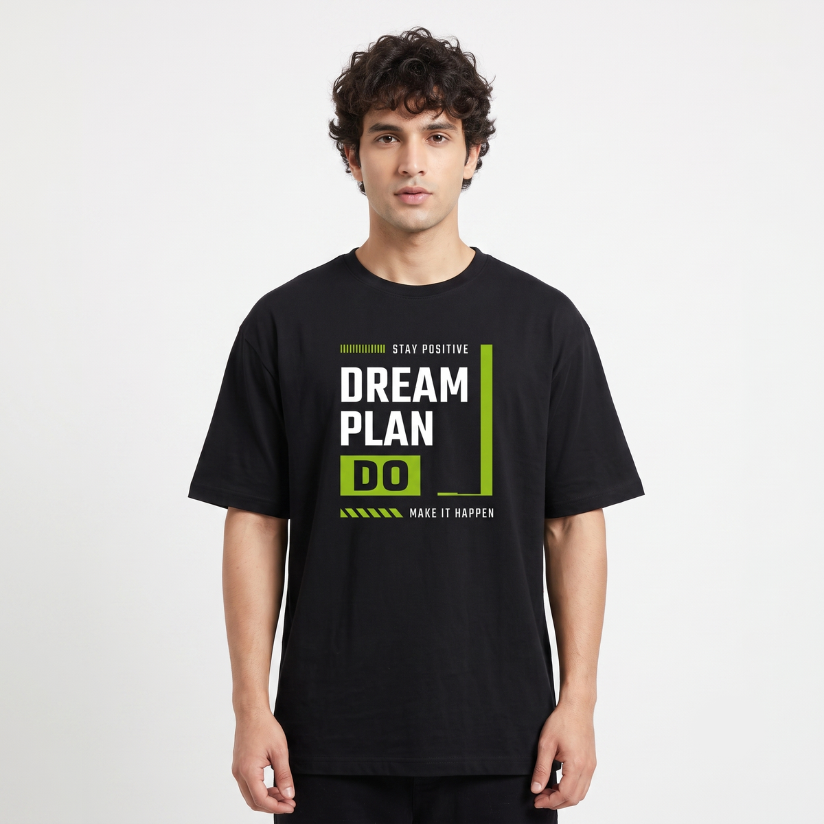 Men's Dream Plan Do Graphic Oversized Black T-Shirt