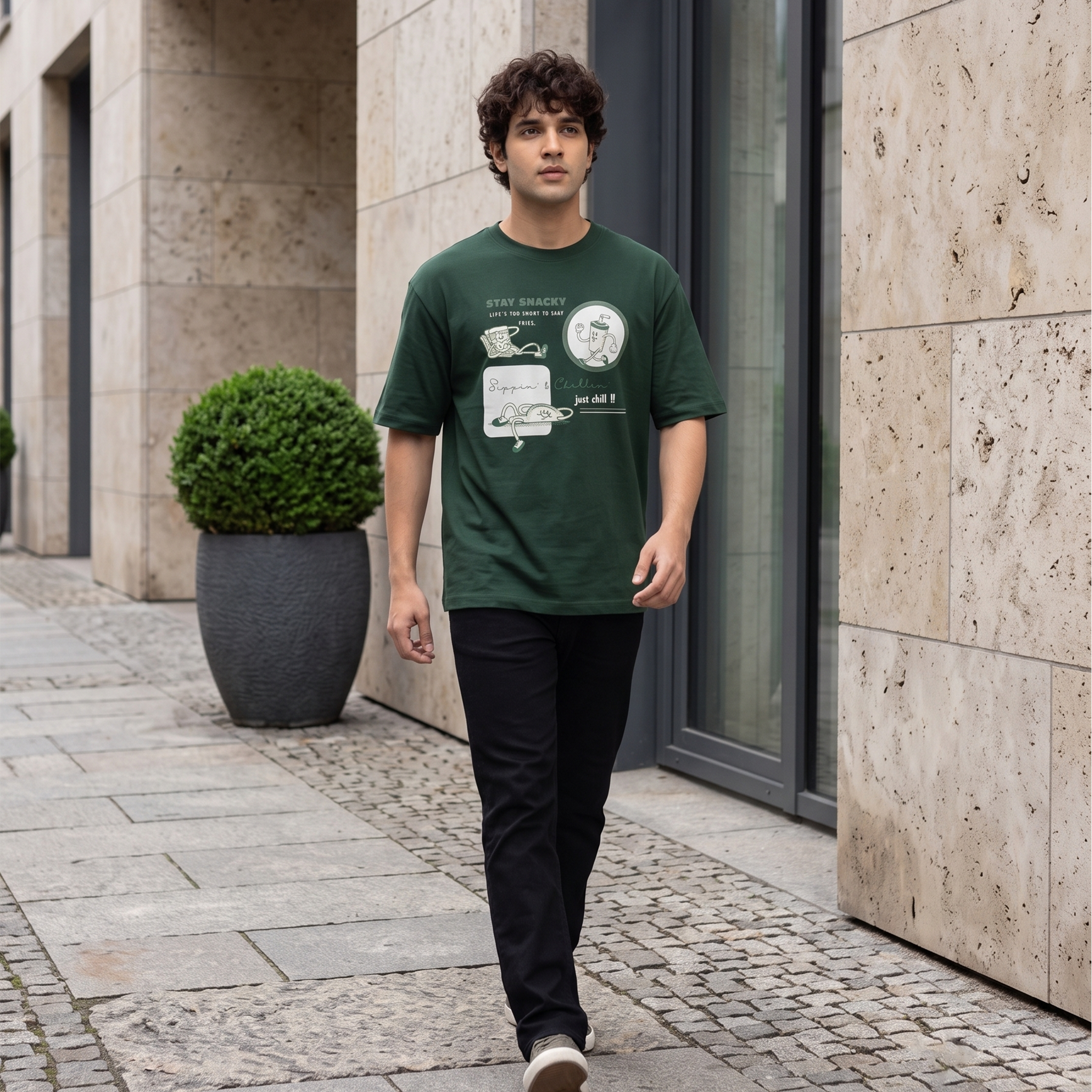 Men's Stay Snacky Graphic Oversized Dark Green T-Shirt