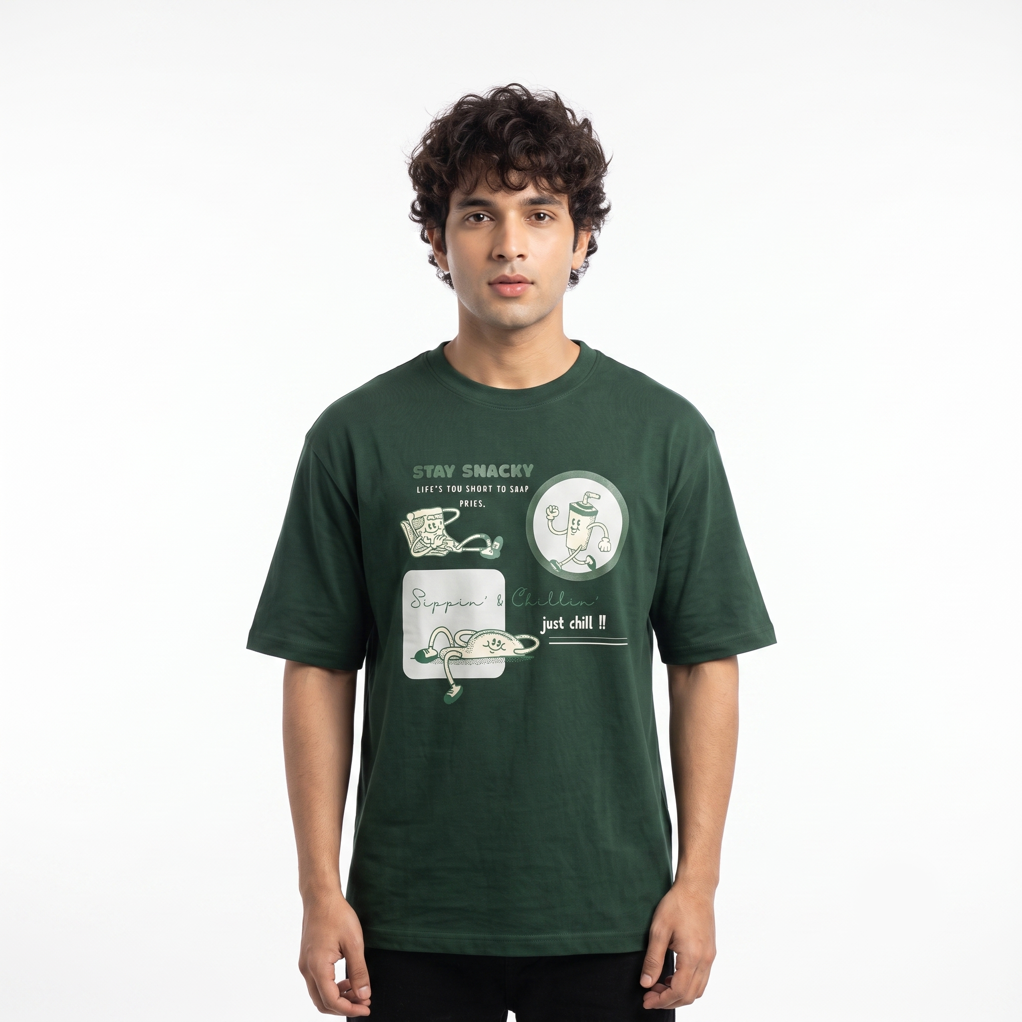 Men's Stay Snacky Graphic Oversized Dark Green T-Shirt