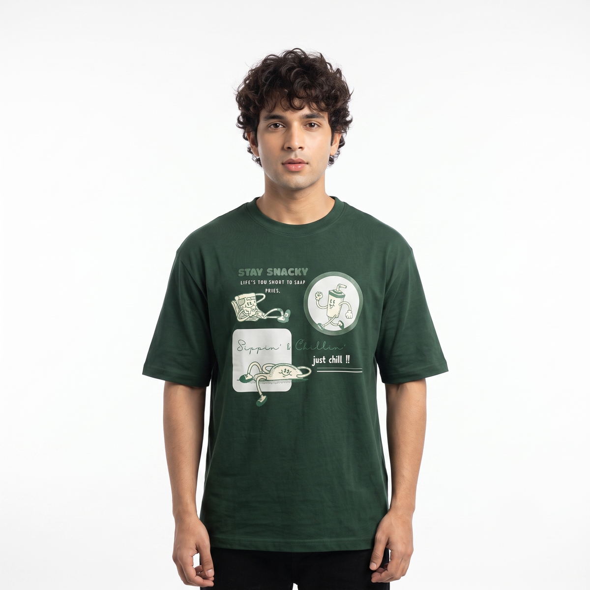 Men's Stay Snacky Graphic Oversized Dark Green T-Shirt
